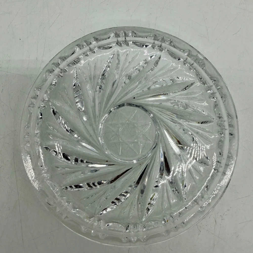 Vintage Clear Cut Glass Coaster Pinwheel Starburst Small Dish Excellent